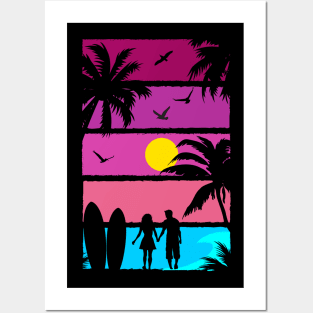 Retro Synthwave Inspired Beach Silhouette Posters and Art